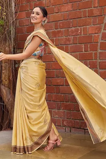 yellow color weaving border & embroidered work rangoli art silk blend saree