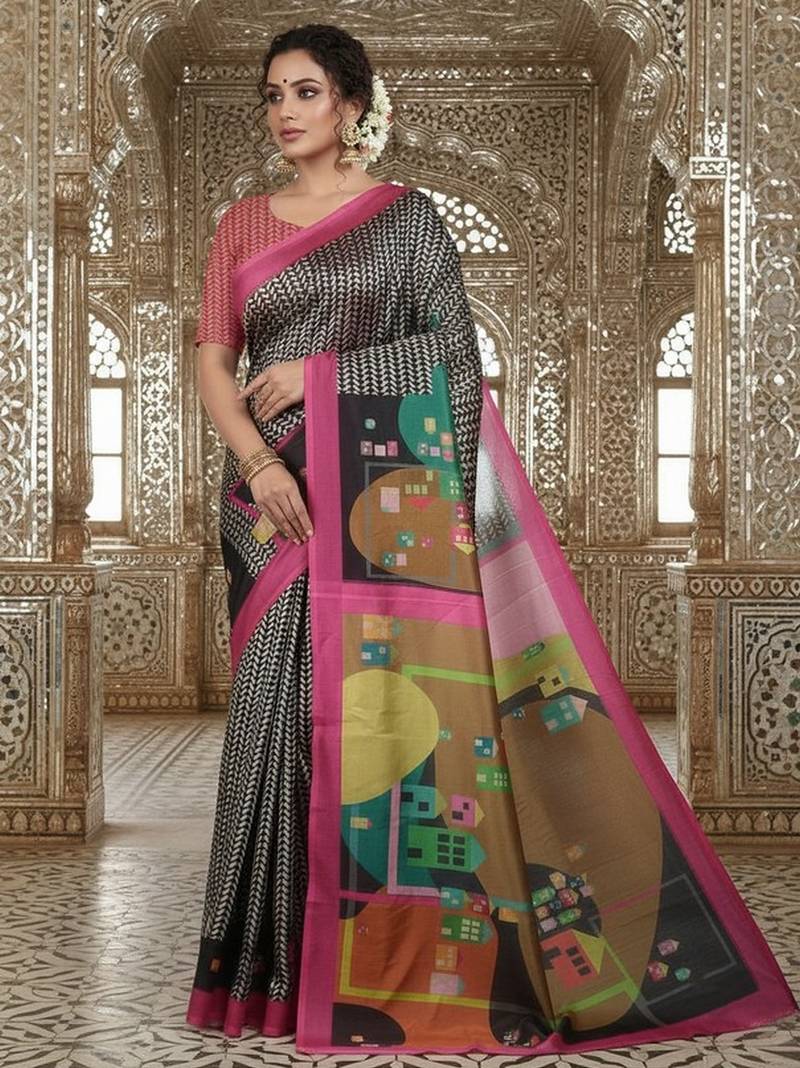 pink color crepe art silk fabric designer digital printed ethnic festive saree
