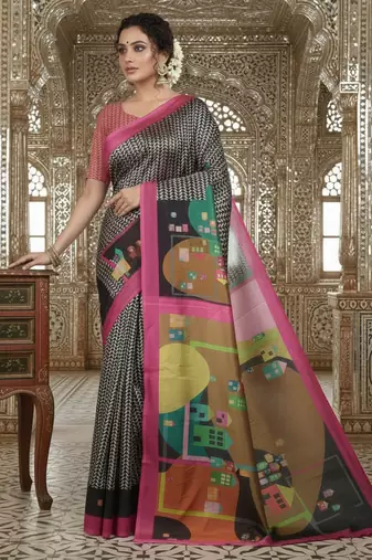 pink crepe art silk blend digital printed ethnic festive saree