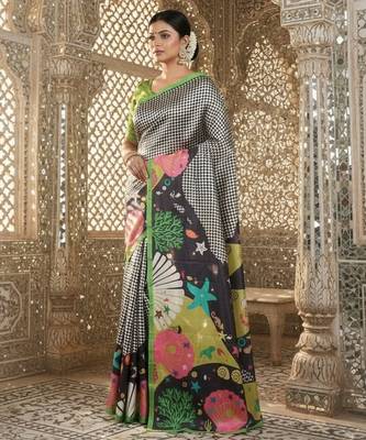green crepe art silk blend digital printed ethnic festive saree 1