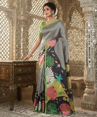 green crepe art silk blend digital printed ethnic festive saree 4