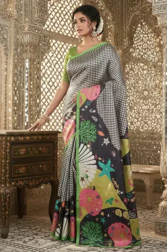 green crepe art silk blend digital printed ethnic festive saree
