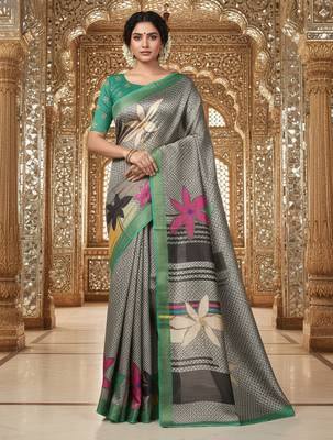 green crepe art silk blend digital printed ethnic festive saree 1