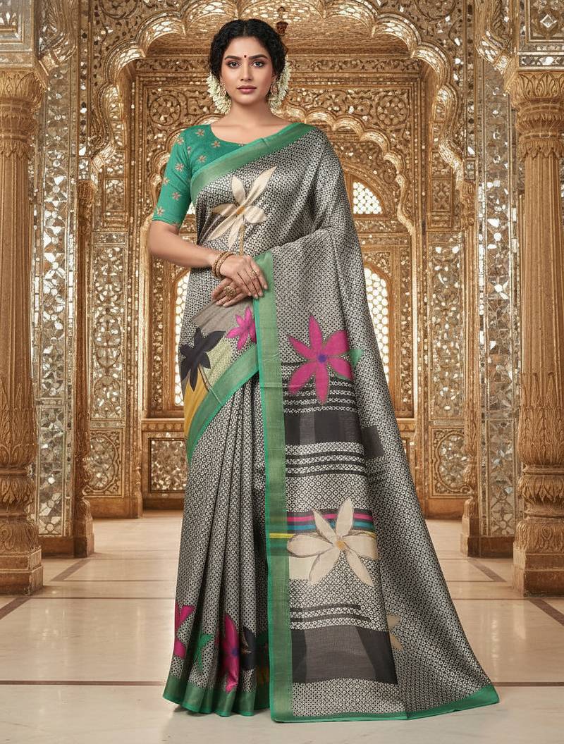 green color crepe art silk fabric designer digital printed ethnic festive saree