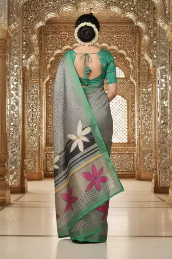 green crepe art silk blend digital printed ethnic festive saree