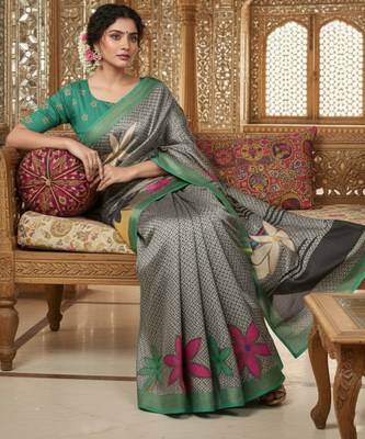 green crepe art silk blend digital printed ethnic festive saree 3