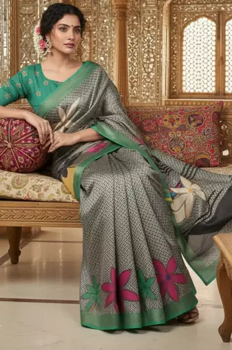 green crepe art silk blend digital printed ethnic festive saree