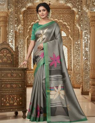 green crepe art silk blend digital printed ethnic festive saree 4