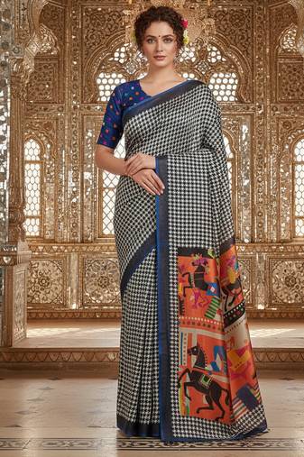 blue color crepe art silk fabric designer digital printed ethnic festive saree