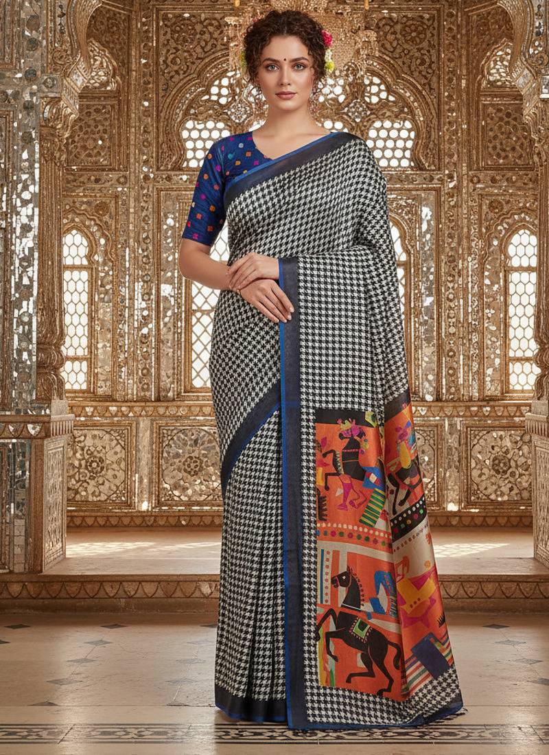 blue color crepe art silk fabric designer digital printed ethnic festive saree