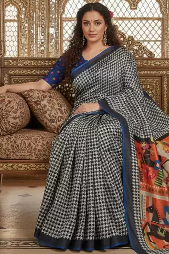 blue crepe art silk blend digital printed ethnic festive saree