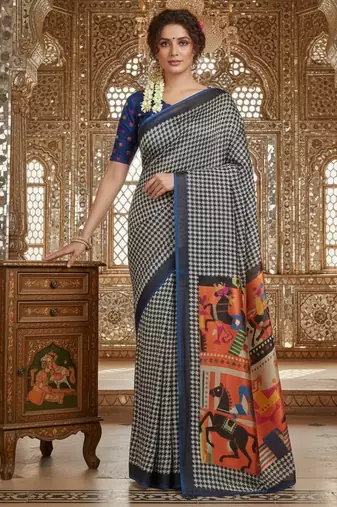 blue crepe art silk blend digital printed ethnic festive saree