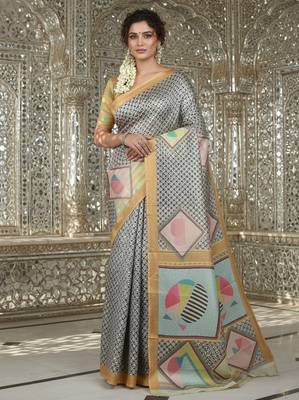 mustard crepe art silk blend digital printed ethnic festive saree 1