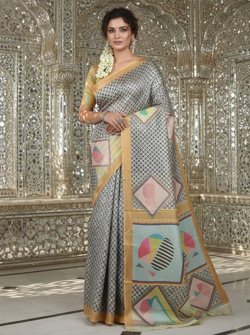 mustard color crepe art silk fabric designer digital printed ethnic festive saree