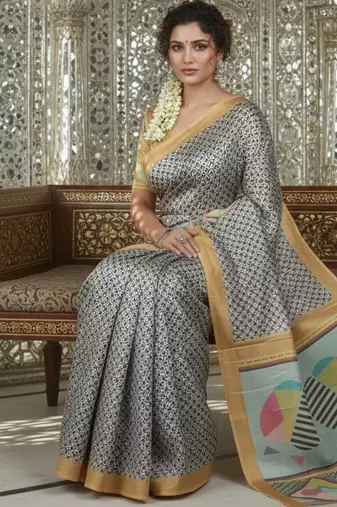 mustard crepe art silk blend digital printed ethnic festive saree