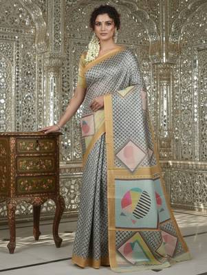 mustard crepe art silk blend digital printed ethnic festive saree 4