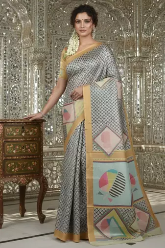 mustard crepe art silk blend digital printed ethnic festive saree