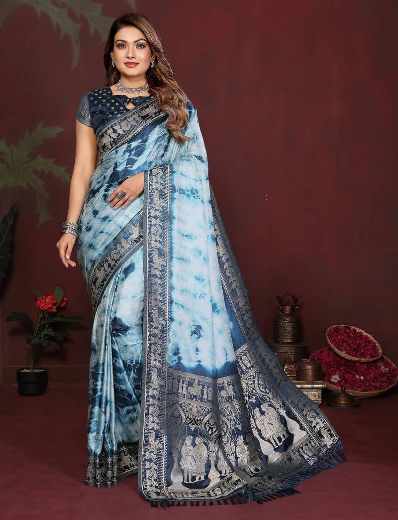 Blue zari weaving work satin silk saree with blouse