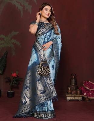 Blue zari weaving work satin silk saree with blouse 2