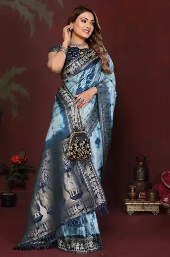 Blue zari weaving work satin silk saree with blouse