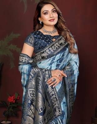 Blue zari weaving work satin silk saree with blouse 3