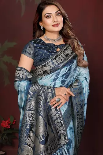 Blue zari weaving work satin silk saree with blouse