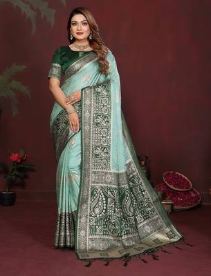 Mint zari butta work satin silk saree with blouse 1