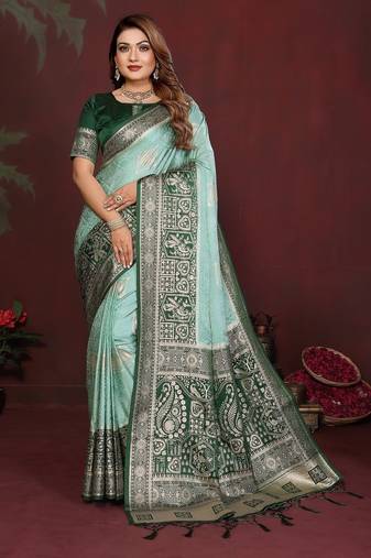 Mint zari butta work satin silk saree with blouse