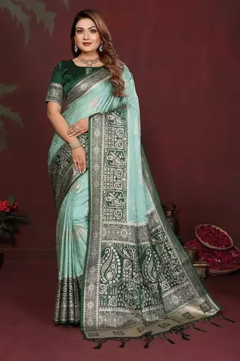 Mint zari butta work satin silk saree with blouse