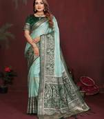 Mint zari butta work satin silk saree with blouse