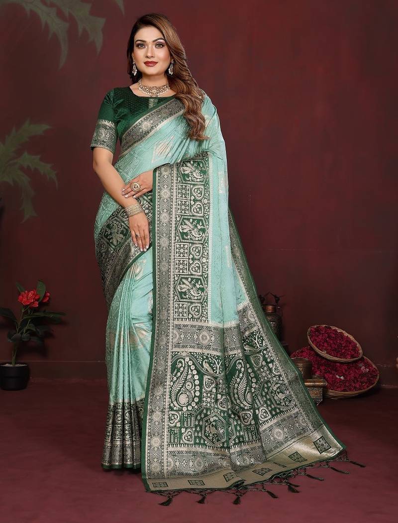 Mint zari butta work satin silk saree with blouse