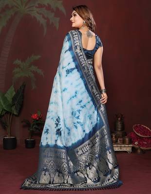 Blue zari weaving work satin silk saree with blouse 4