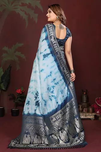 Blue zari weaving work satin silk saree with blouse
