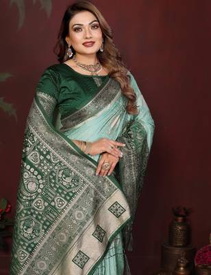 Mint zari butta work satin silk saree with blouse 2