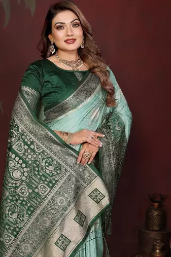Mint zari butta work satin silk saree with blouse