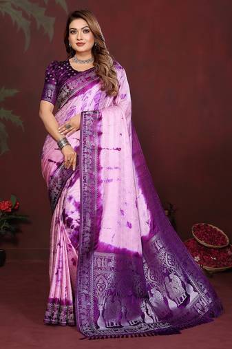 D purple zari weaving work satin silk saree with blouse