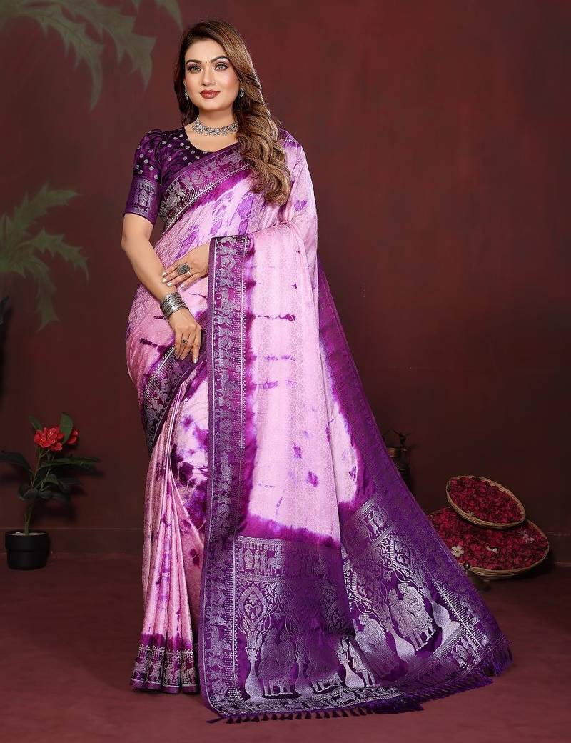 D purple zari weaving work satin silk saree with blouse