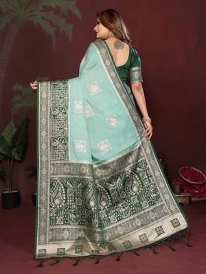 Mint zari butta work satin silk saree with blouse 3