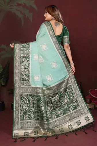 Mint zari butta work satin silk saree with blouse