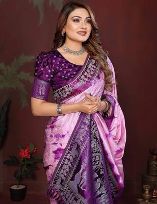D purple zari weaving work satin silk saree with blouse 2