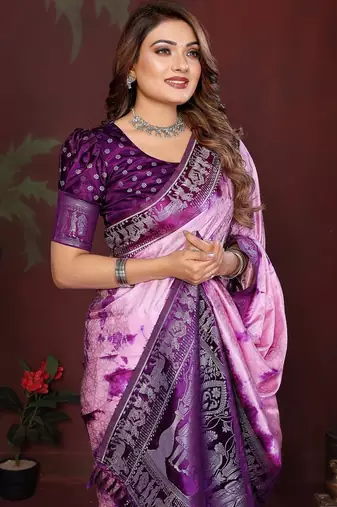 D purple zari weaving work satin silk saree with blouse