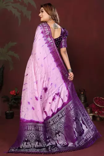 D purple zari weaving work satin silk saree with blouse