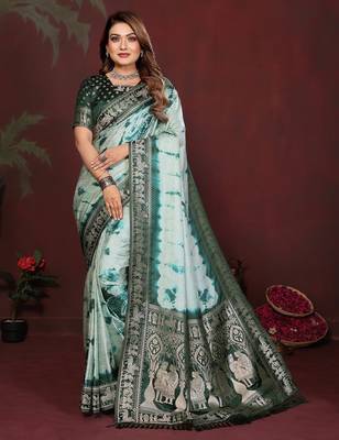 Green zari weaving work satin silk saree with blouse 1