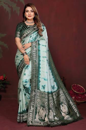 Green zari weaving work satin silk saree with blouse