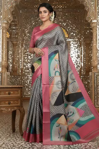 pink crepe art silk blend digital printed ethnic festive saree