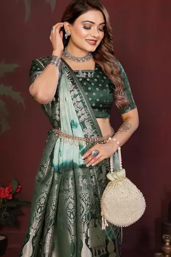 Green zari weaving work satin silk saree with blouse