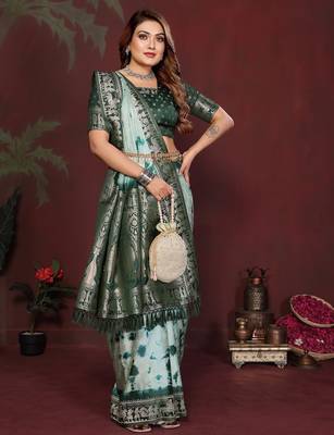 Green zari weaving work satin silk saree with blouse 3