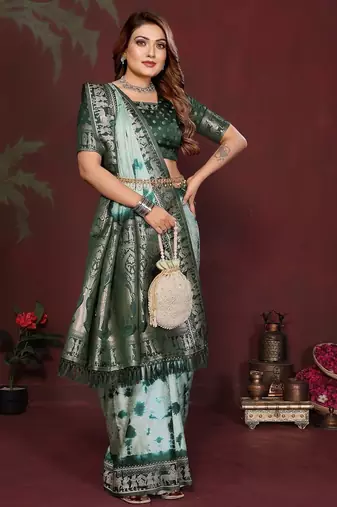 Green zari weaving work satin silk saree with blouse