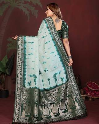 Green zari weaving work satin silk saree with blouse 4