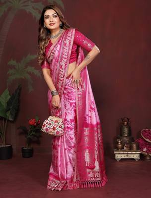 Pink zari weaving work satin silk saree with blouse 1